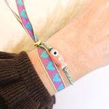 Lint armbandje hartjes turquoise paars
