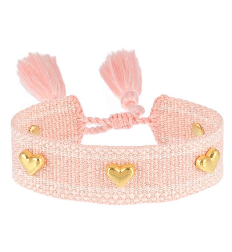 geweven-armband-peach-perzik-met-gouden-hartjes-statement-bracelet